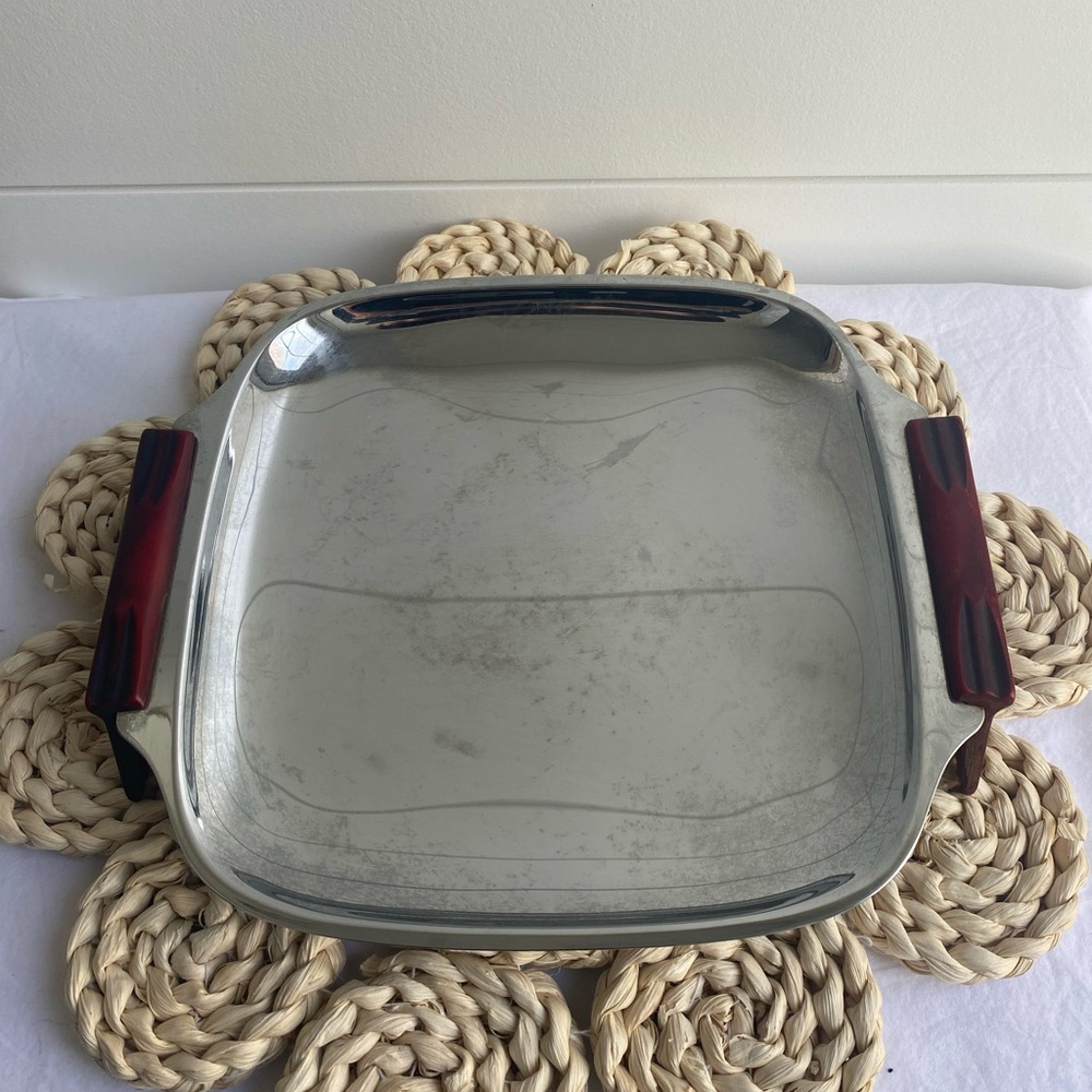 Mid Century Modern Silver Footed Serving Display Tray Vintage Collectible Metal